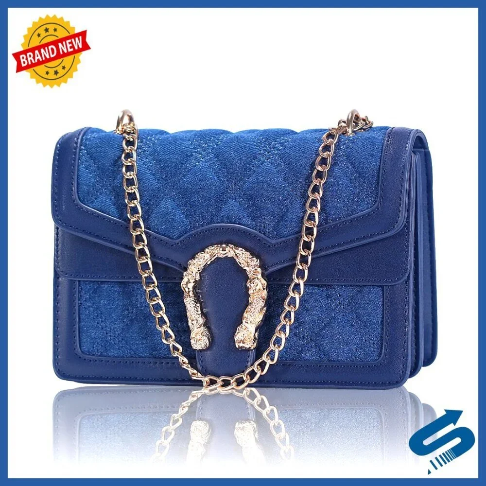 Quilted Crossbody Bag with Chain Strap, Snake Print Buckle, 7.8x5.5x2.7 Inches